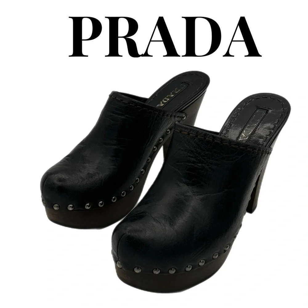 Prada Black Leather Mules with Distressed Wooden Heel – Size 39 EU - Picture 1 of 13